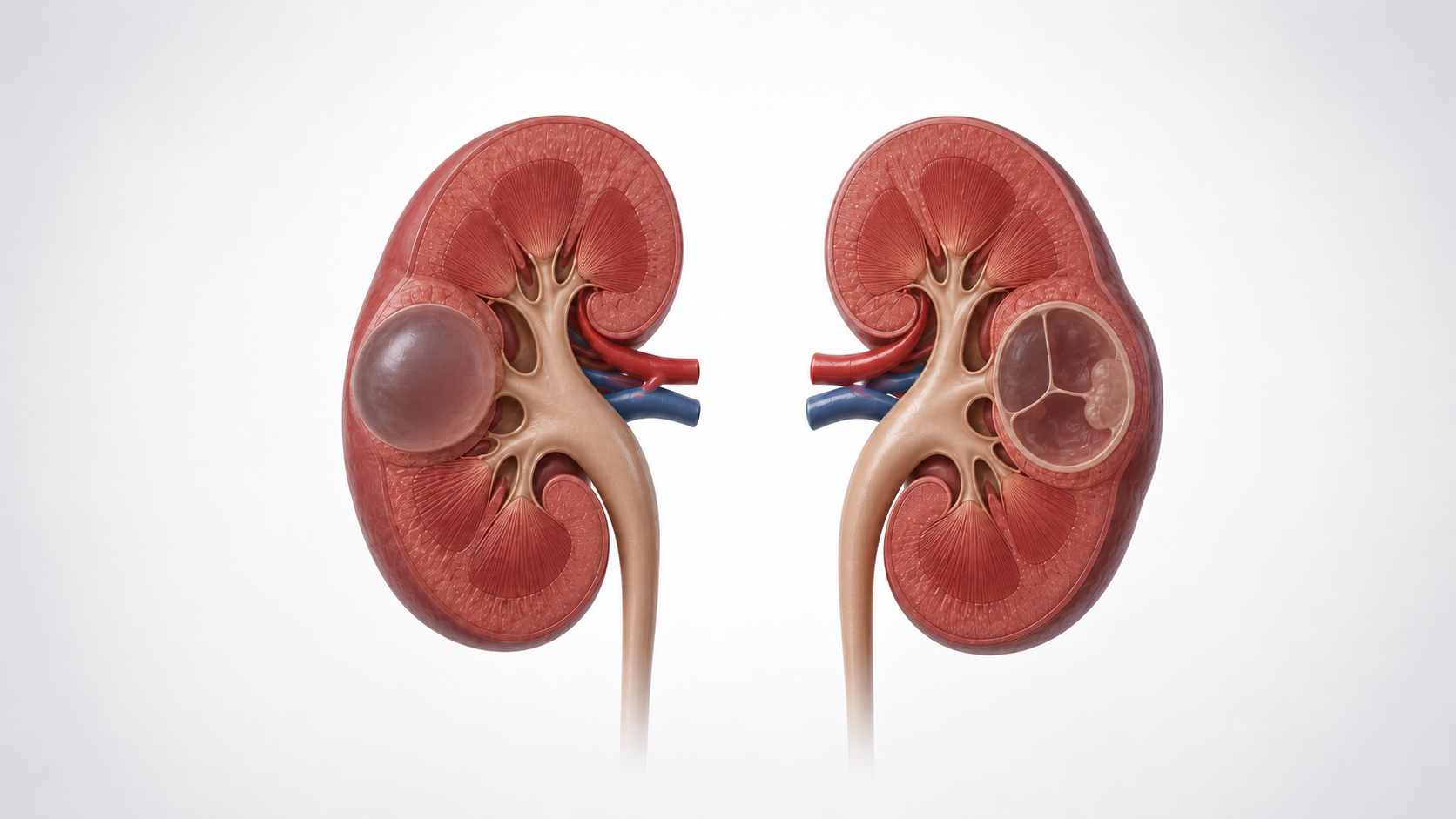 Ilustração médica de rins, um mostrando um cálculo grande e o outro um cálculo na pelve renal.