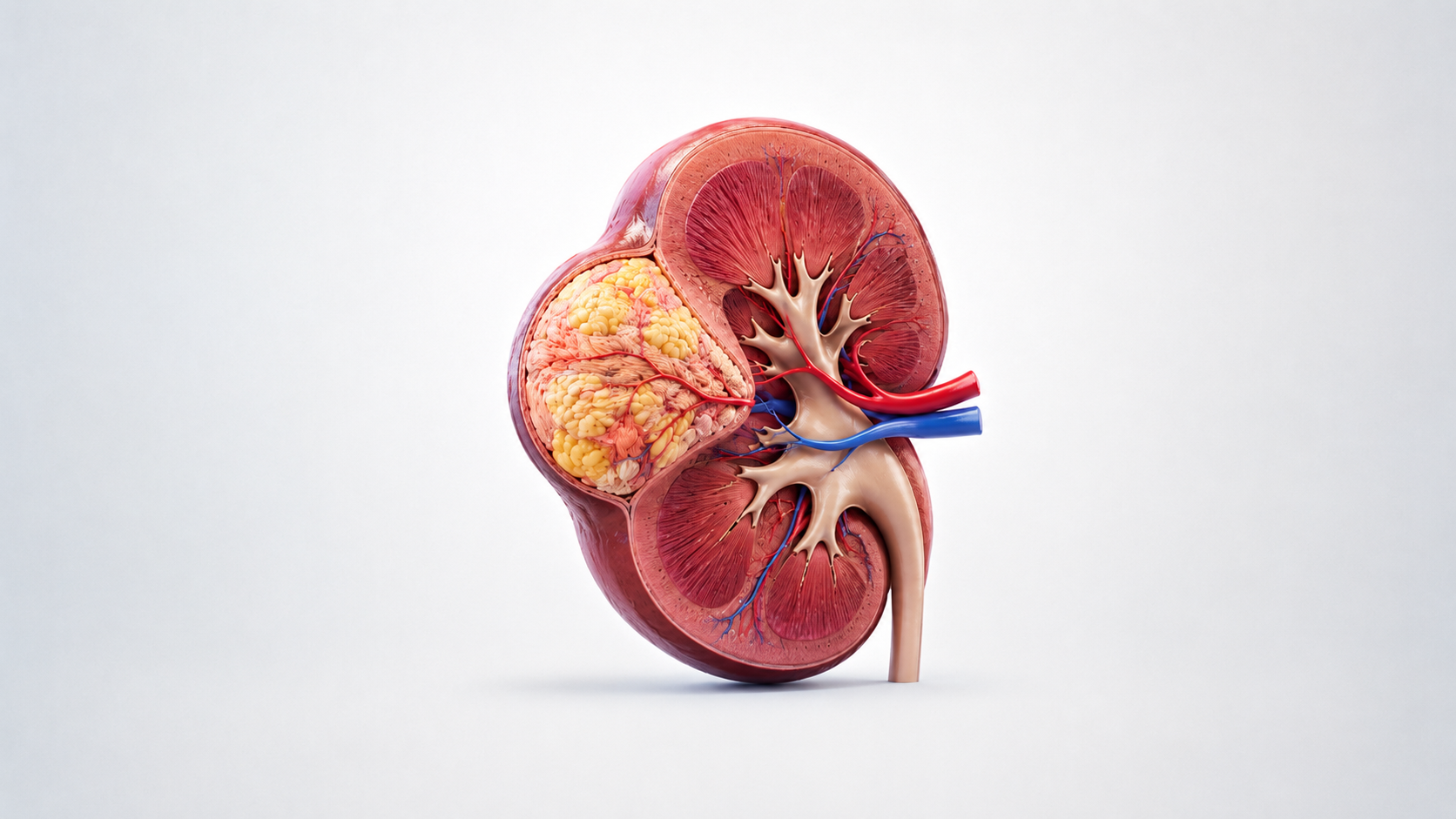 Ilustração médica de uma secção transversal de um rim com um angiomiolipoma.