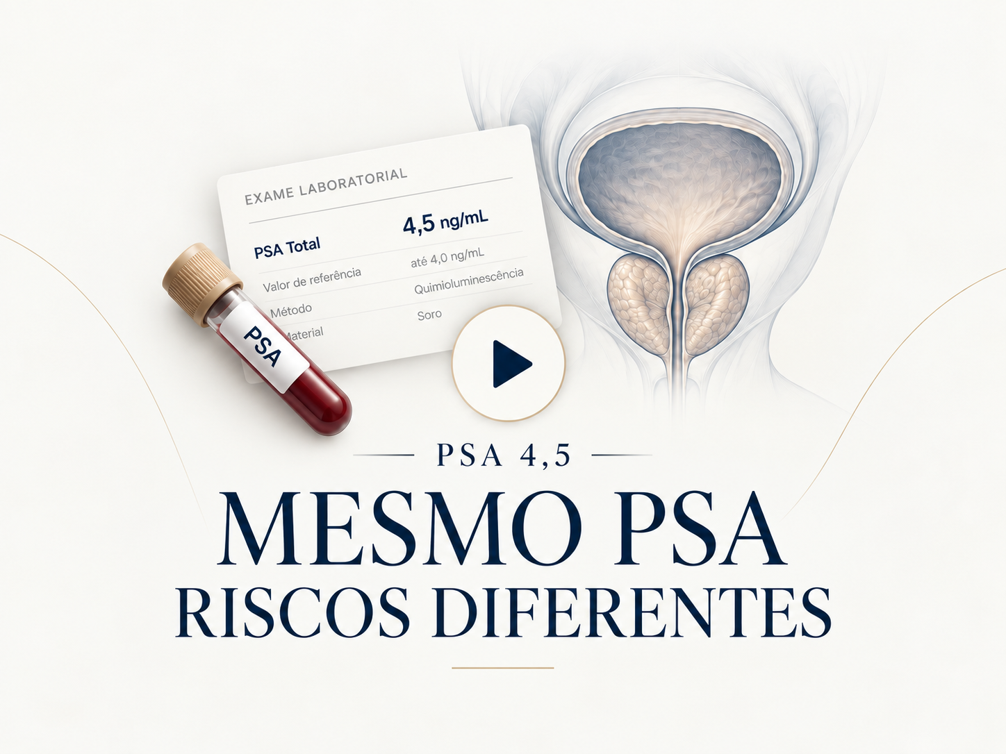Campanha sobre PSA 4,5: frasco de exame, gráfico da próstata e texto “Mesmo PSA, riscos diferentes”.
