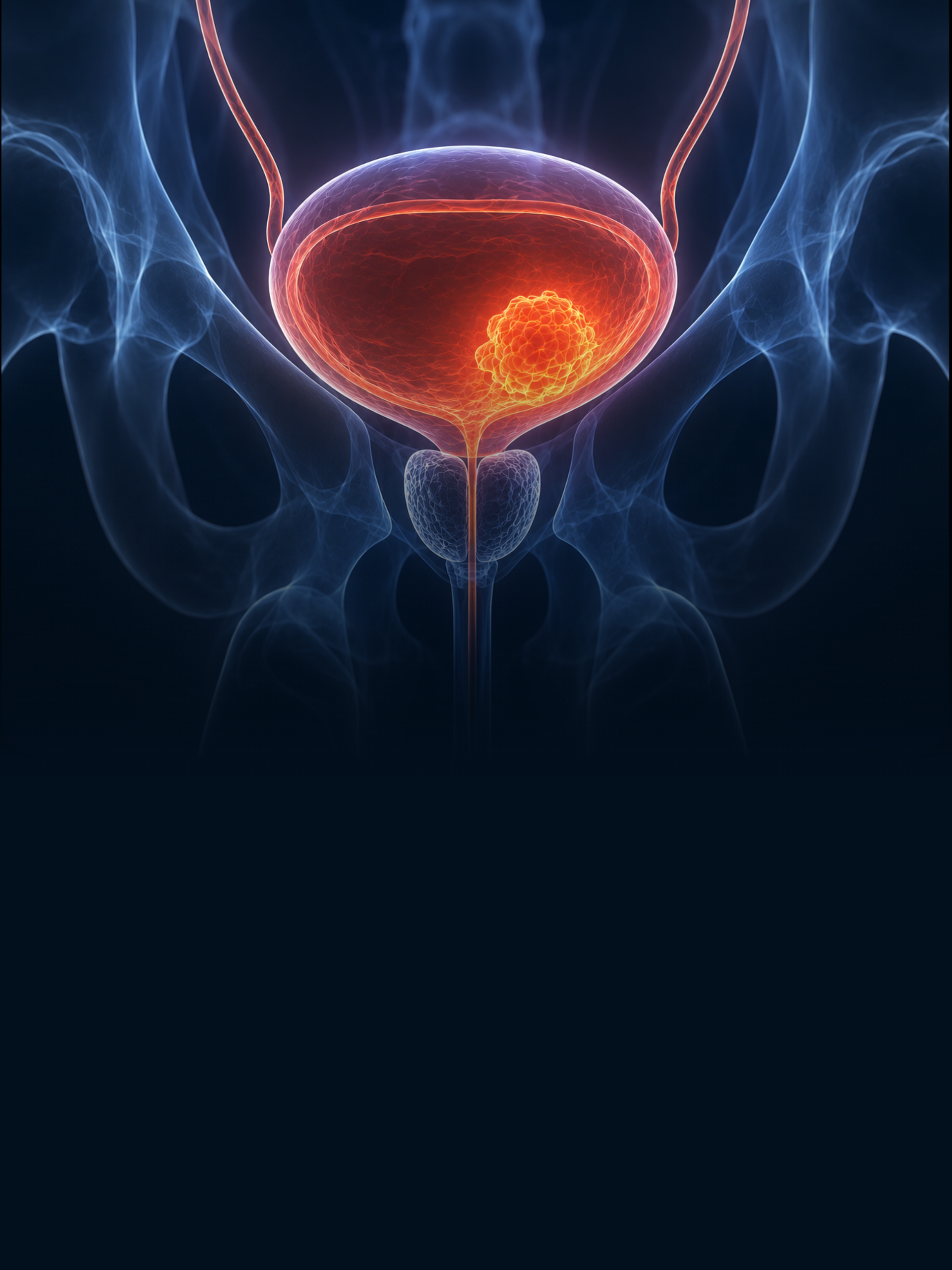 Ilustração médica em tons de azul de uma bexiga vermelho-alaranjada brilhante com um tumor destacado na região pélvica.