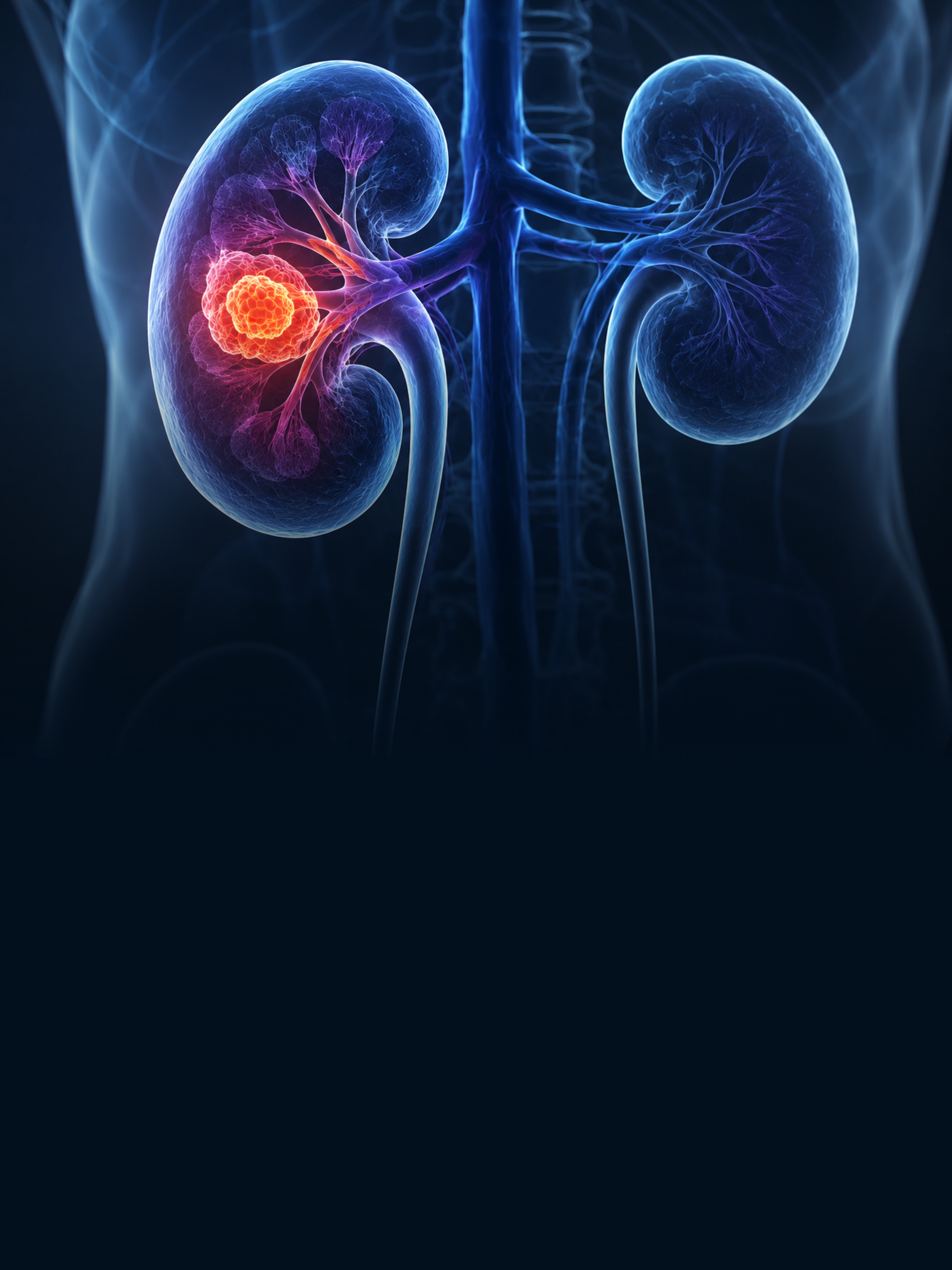 Uma imagem gerada por computador de um rim com um tumor.