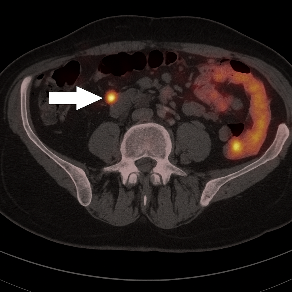 Tomografia por emissão de pósitrons (PET/CT) abdominal axial com uma seta branca apontando para um ponto de alta intensidade