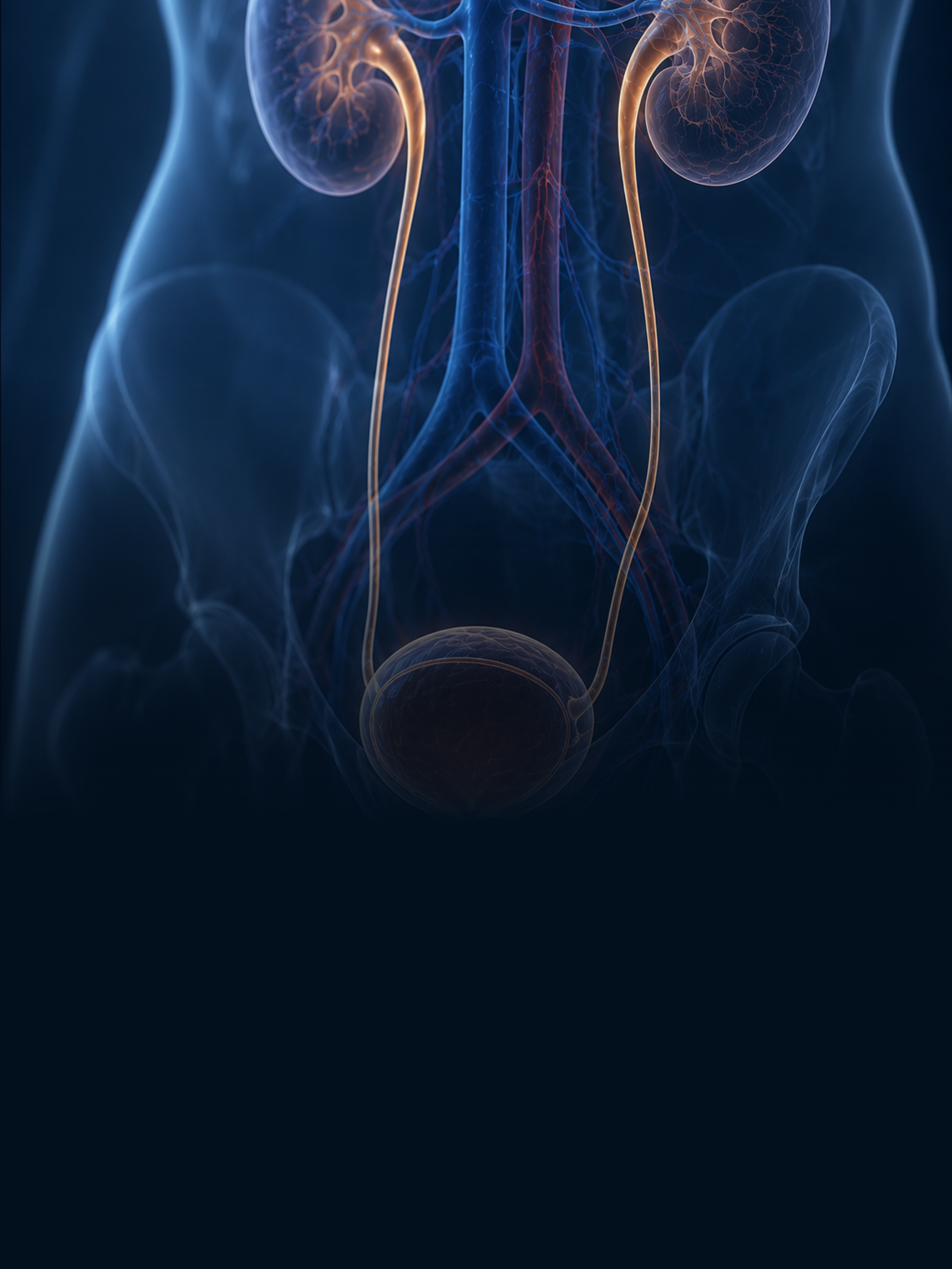 Ilustração médica dos rins e do trato urinário em um contorno corporal tingido de azul.