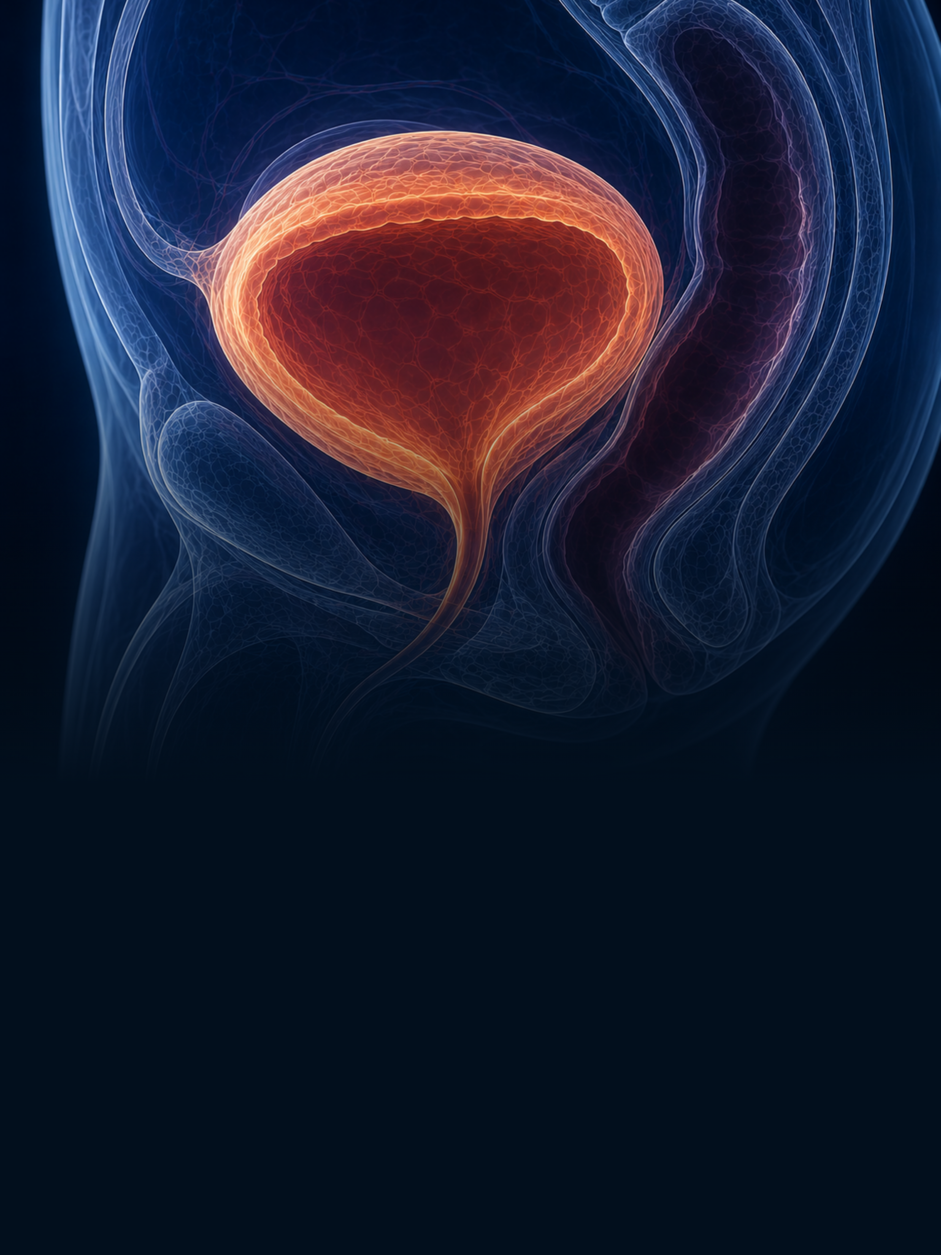 Bexiga em laranja brilhante em uma ilustração anatômica azul da parte inferior do abdômen.