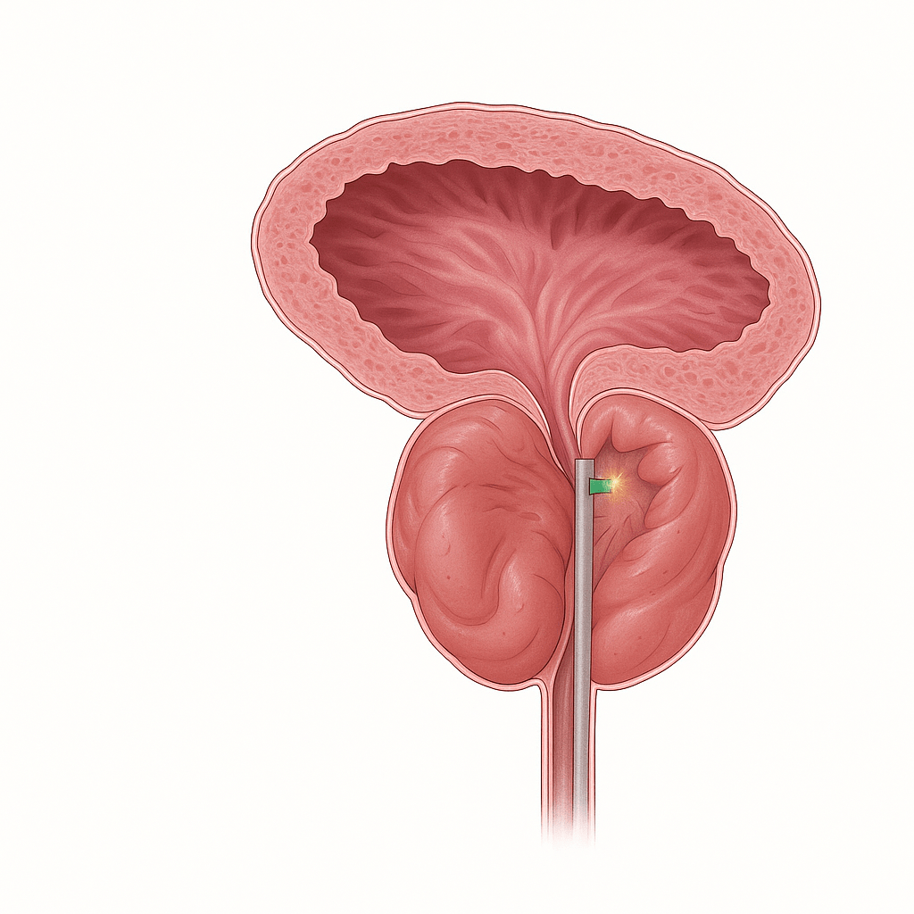 Ilustração médica em corte transversal da bexiga, próstata e uretra em tons de rosa.
