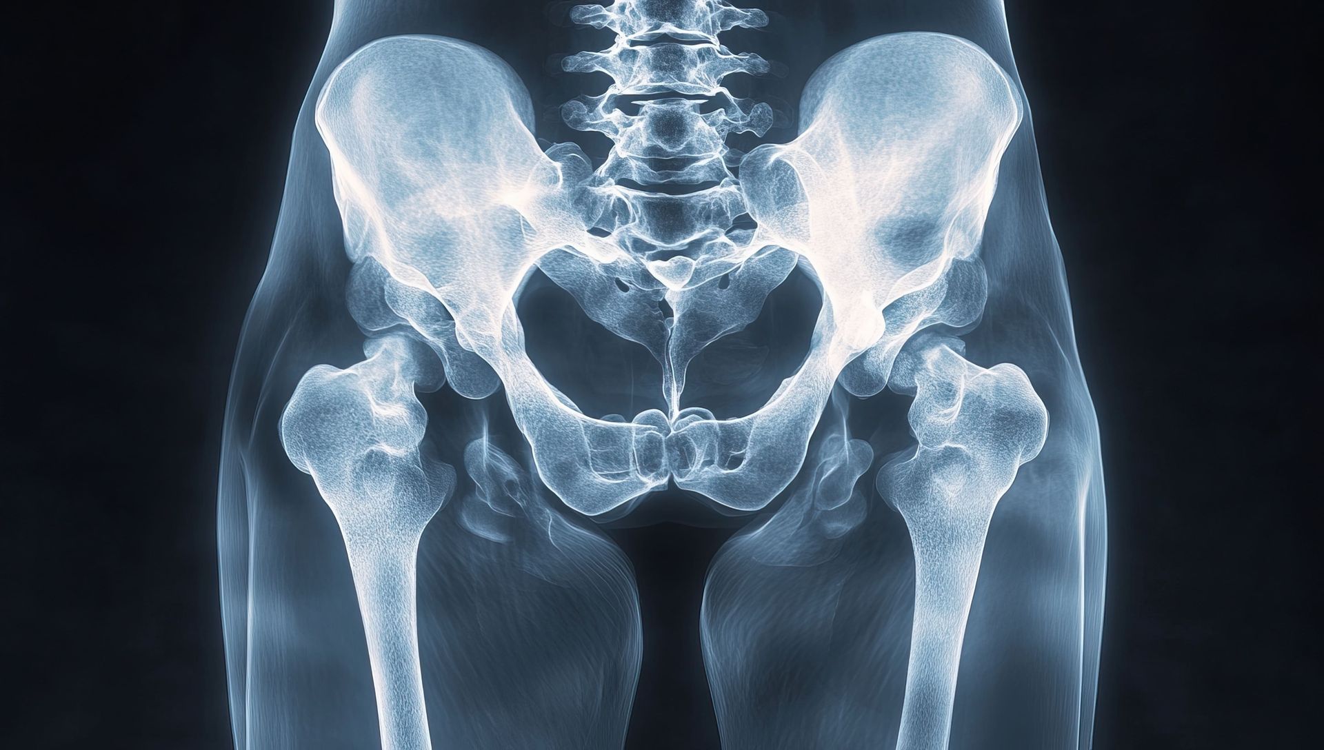 Radiografia frontal da pelve mostrando as articulações do quadril e a coluna lombar em escala de cinza.