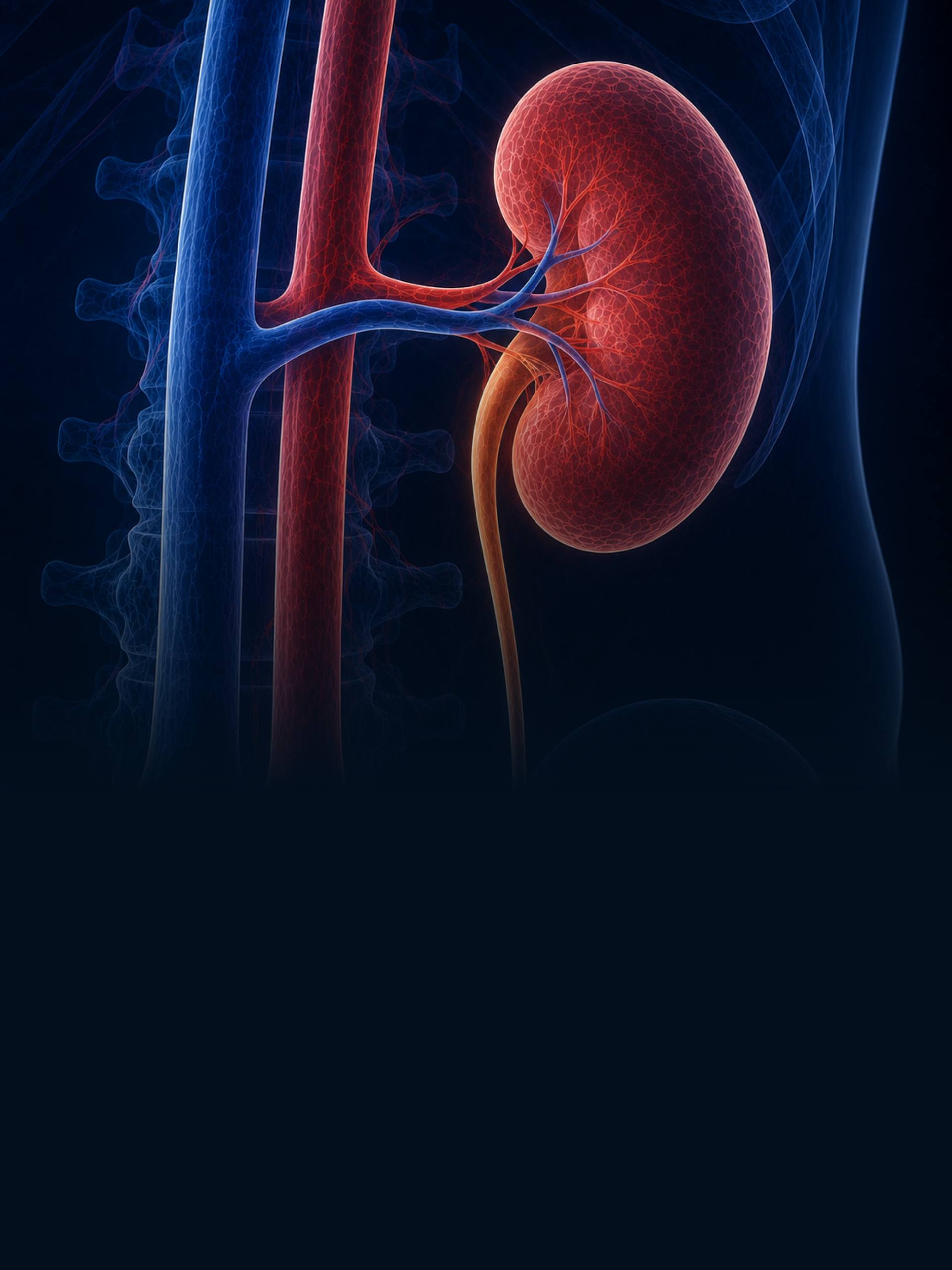 Ilustração médica 3D de um rim com vasos sanguíneos vermelhos e um ureter alaranjado sobre um fundo azul escuro.