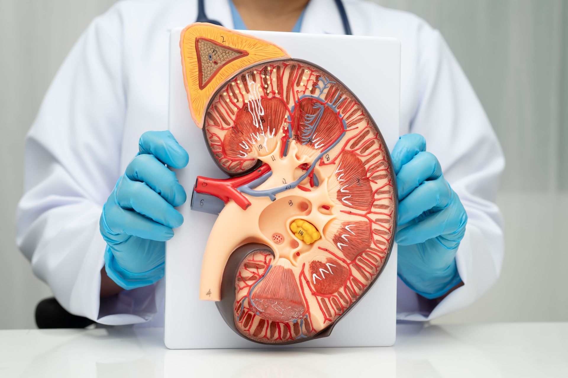 Médico segurando modelo anatômico de rim com seção transversal vermelha e bege, usando luvas azuis.