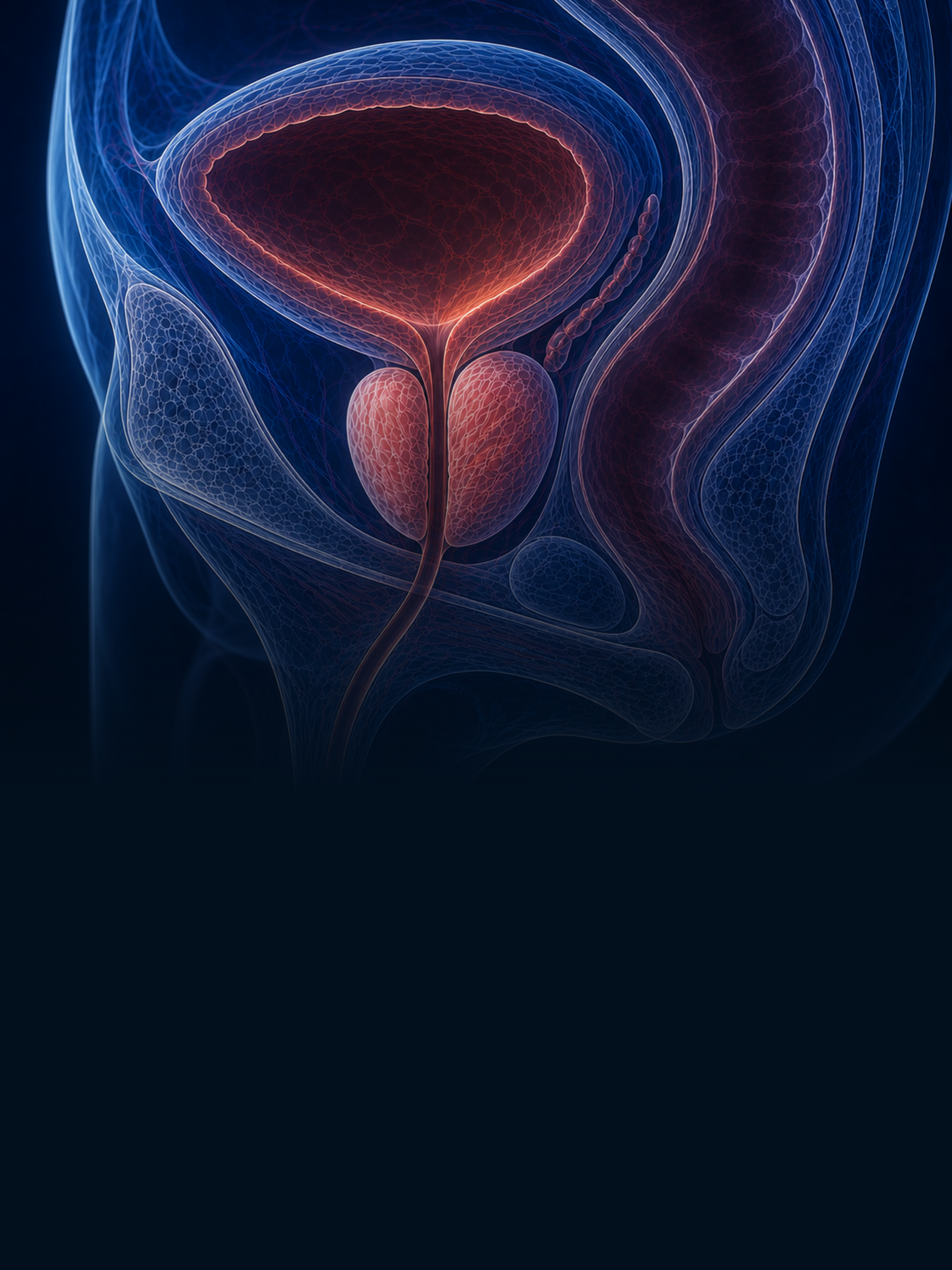 Ilustração médica estilizada da próstata e da bexiga em tons brilhantes de azul e vermelho.