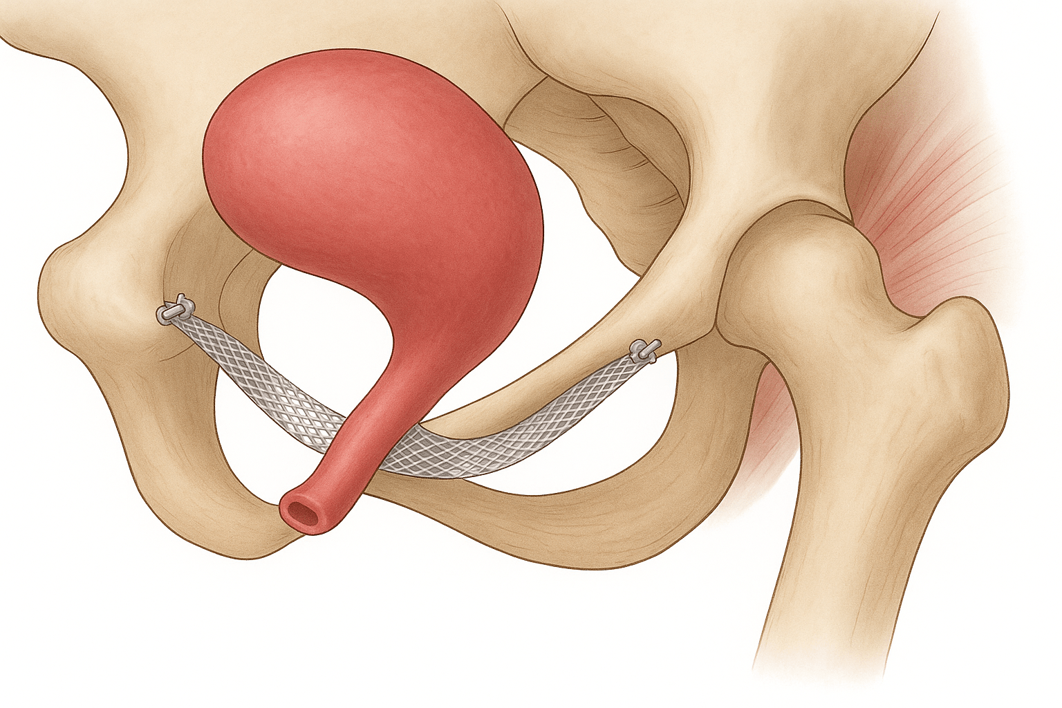 Anatomia dos ossos da pelve mostrando um útero vermelho e ligamentos brancos inseridos no interior da pelve.