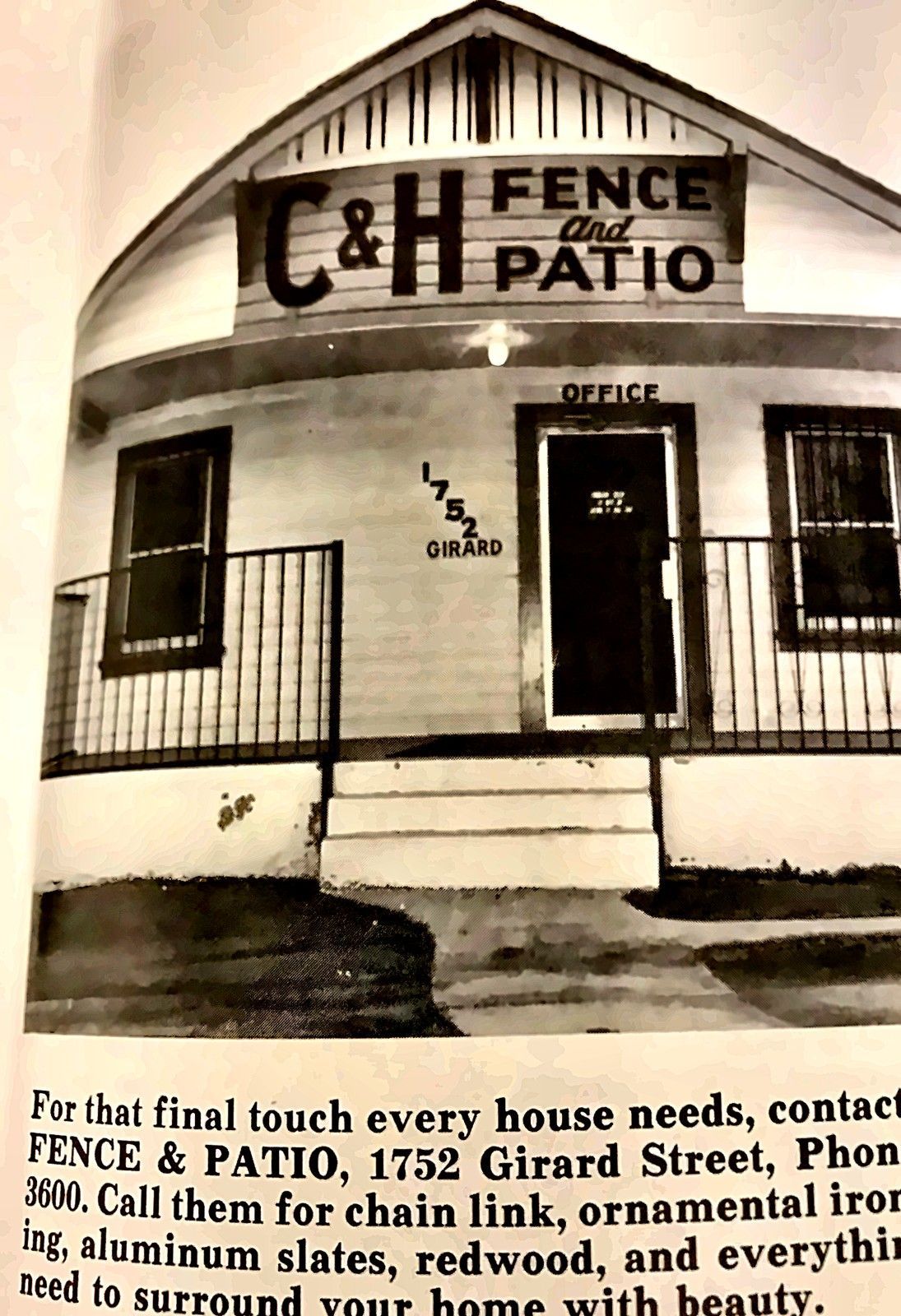 Black-and-white ad for C&H Fence and Patio with a small storefront and fence details