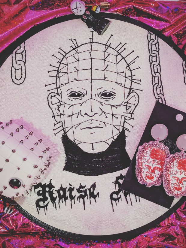 An embroidery hoop features Pinhead from Hellraiser with 