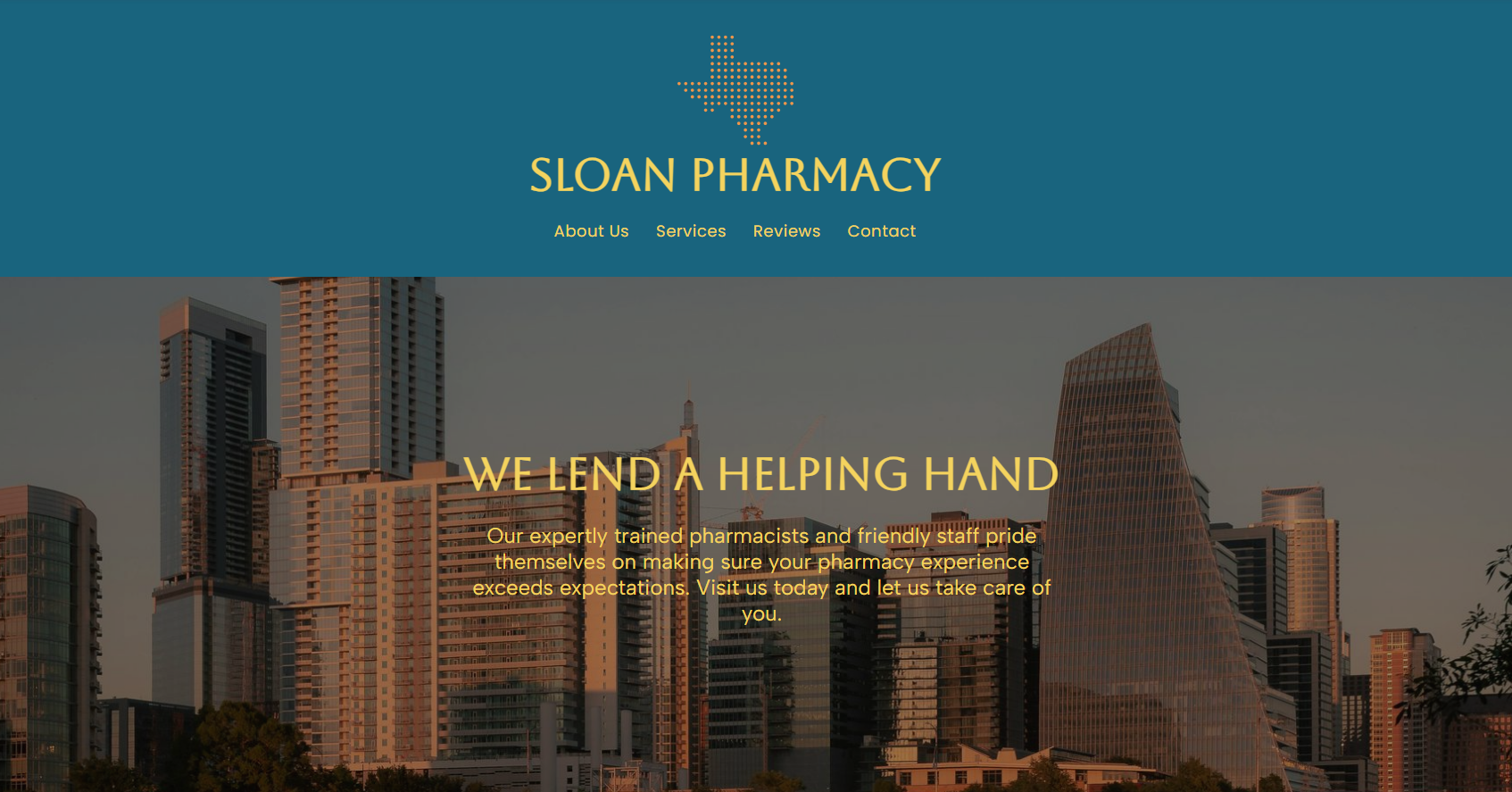 Sloan Pharmacy website header featuring a skyline background with the company name, logo, and navigation links.