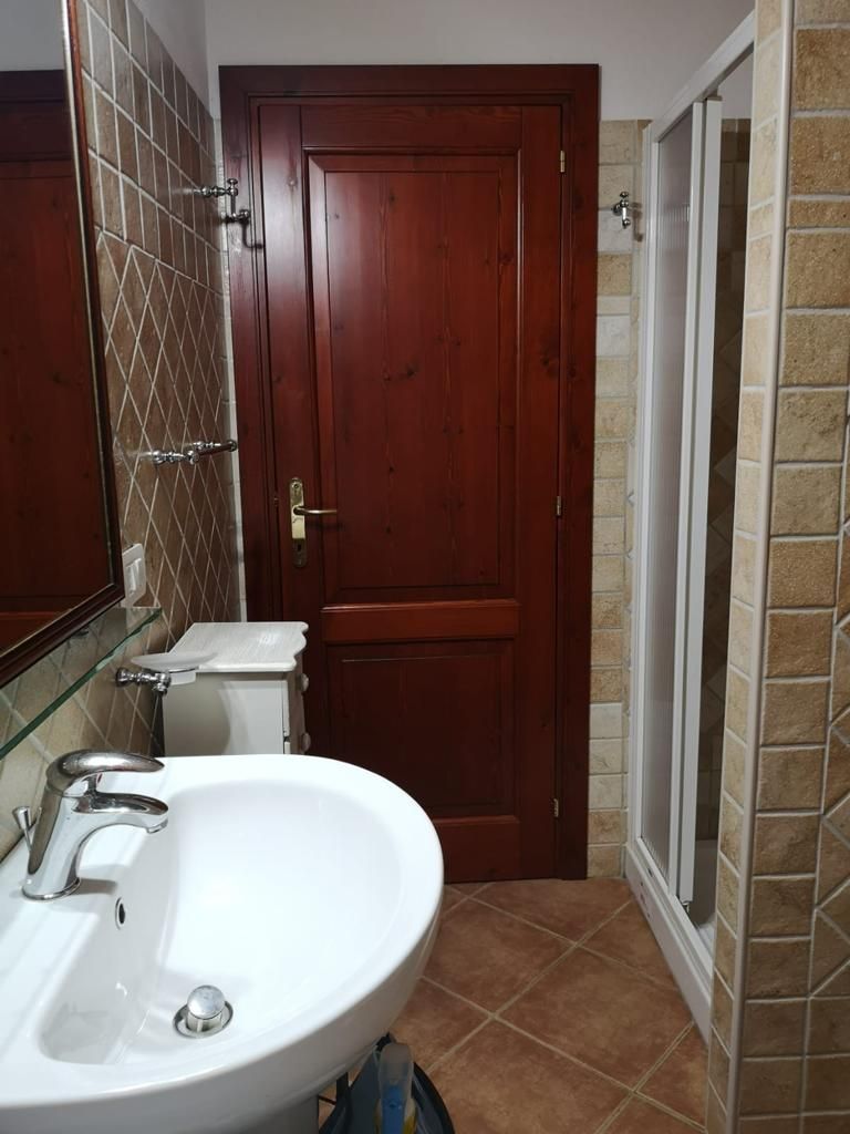 Un bagno con un lavandino, uno specchio e una porta di legno
