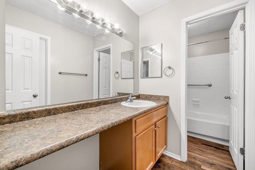 An empty bathroom with a sink, mirror, bathtub, and plenty of counter space at Marquis at Perimeter Center in Atlanta, GA.