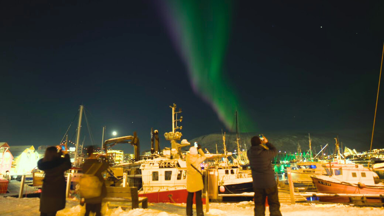 Tromsø port covered with northern lights