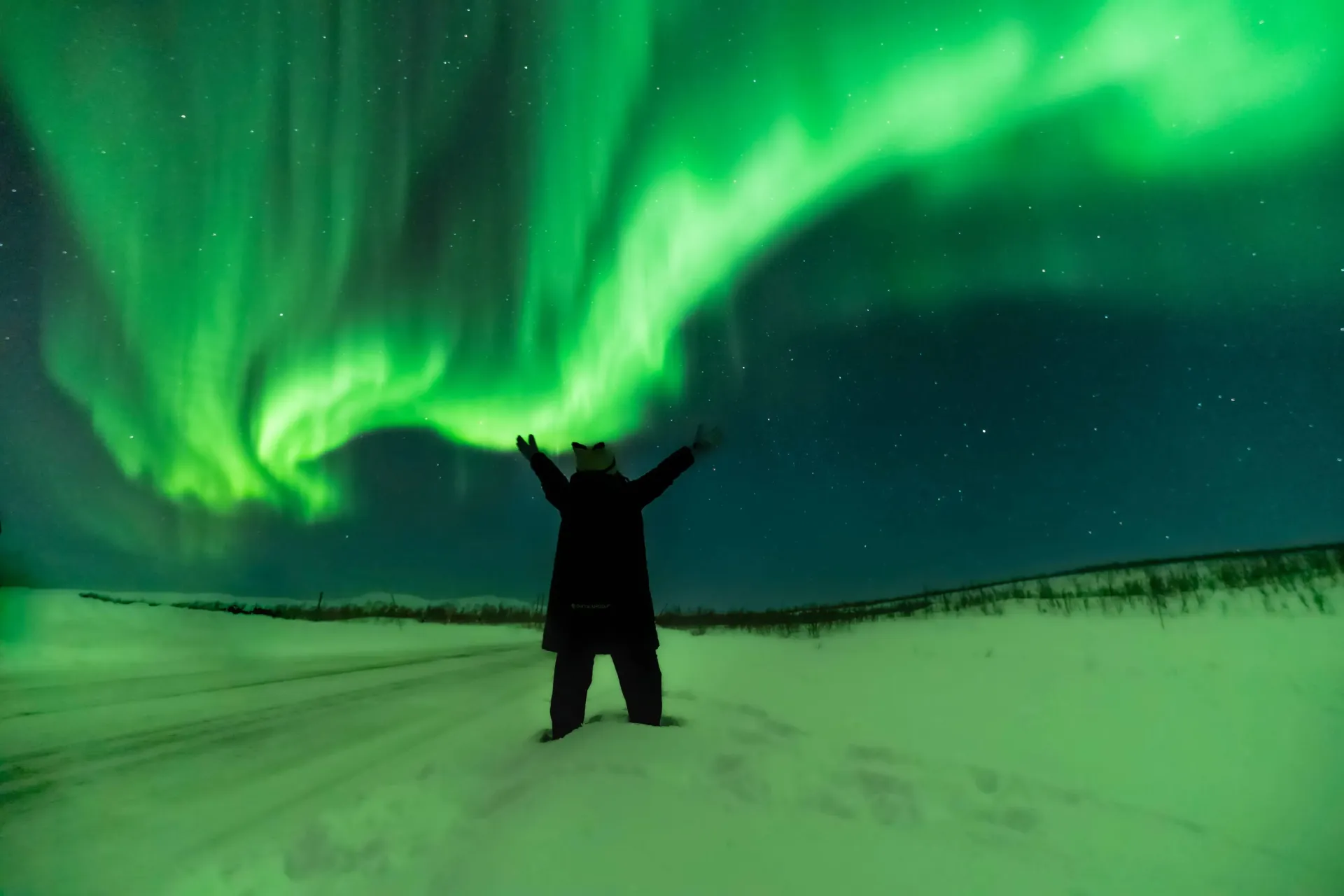 Traveler standing in deep snow with raised arms celebrating under a brilliant green Northern Lights display in Tromsø