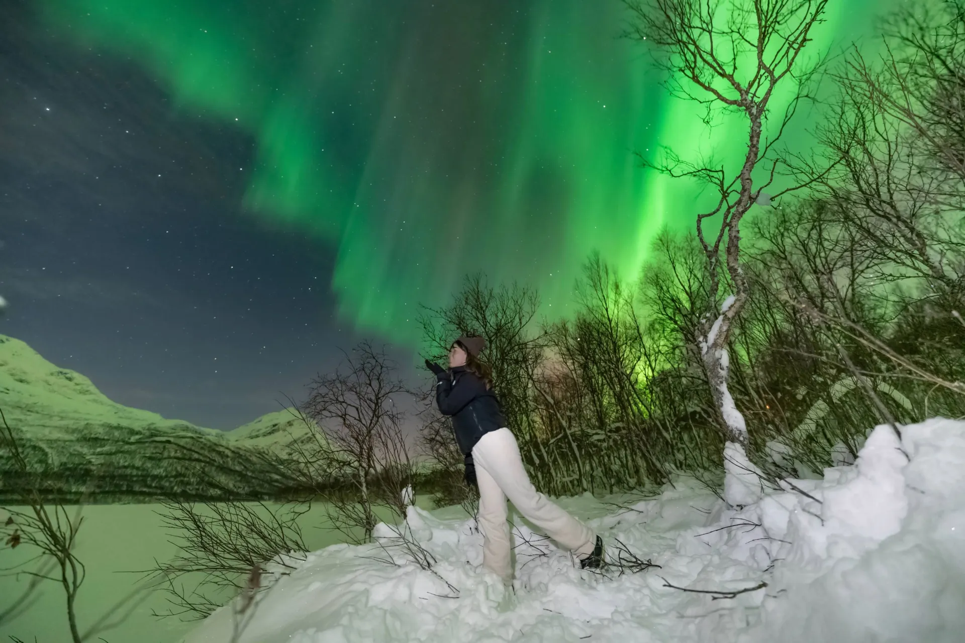 couples holding hands under the northern light sky in tromso norway