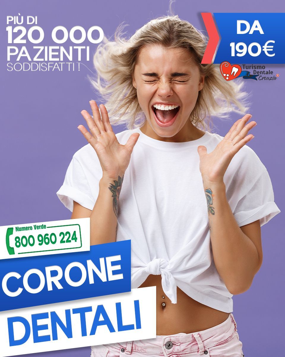 Dentista sorridente su sfondo viola con testi promozionali “Corone dentali” e prezzo da 190€