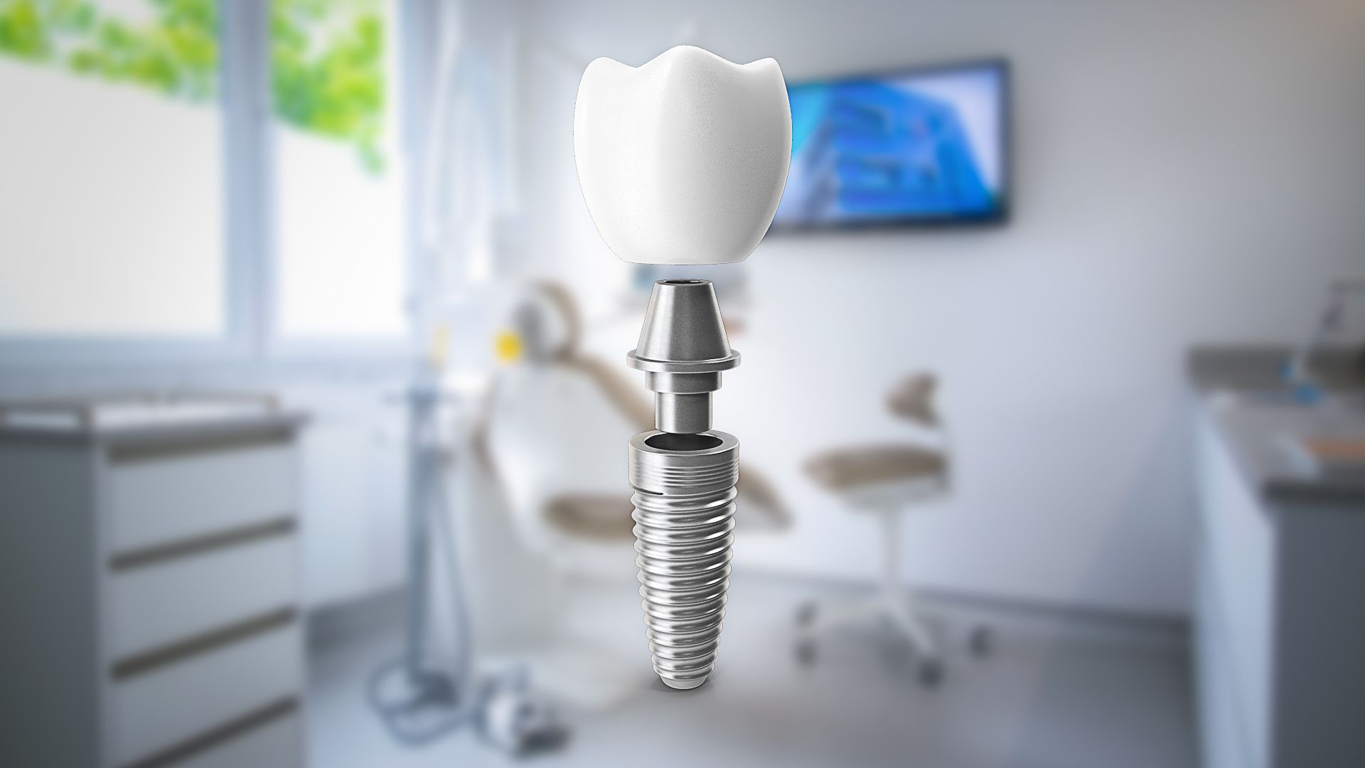 Impianto dentale con corona visualizzato su uno sfondo sfocato di uno studio dentistico.