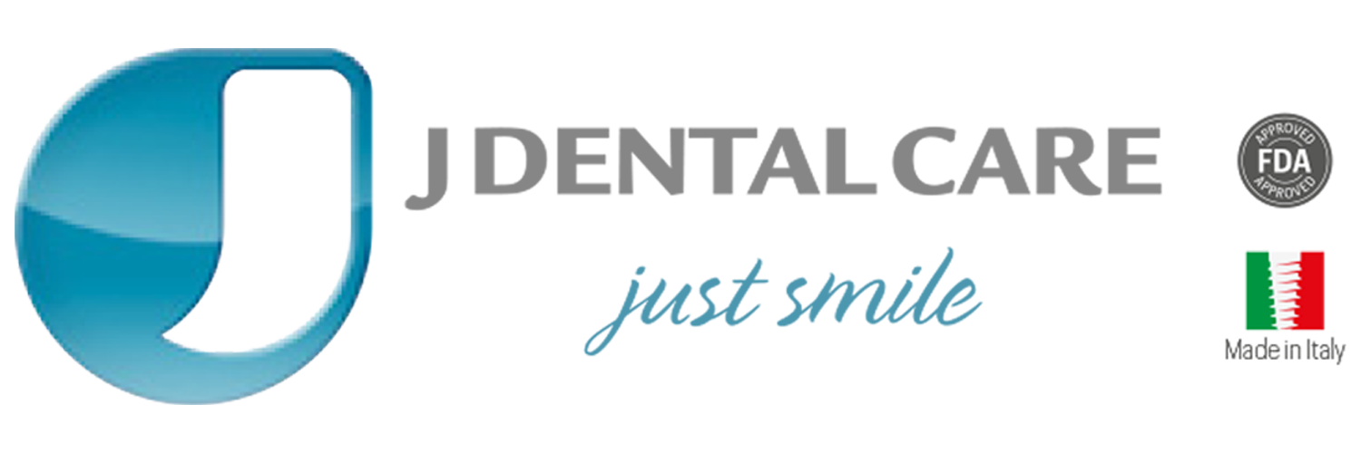 Logo di J Dental Care con icona del dente blu, slogan