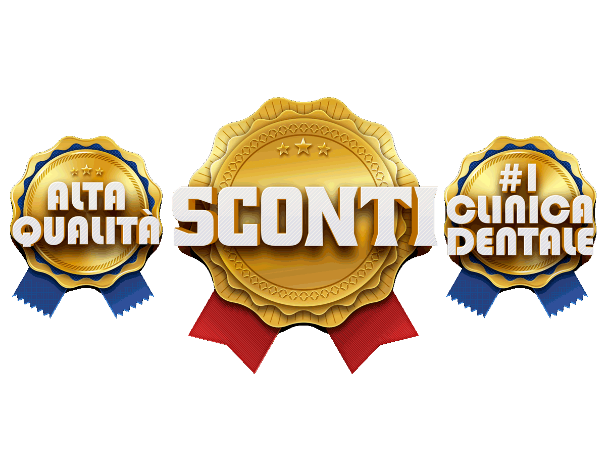 Three gold badges that say alta qualita sconti clinica dentale