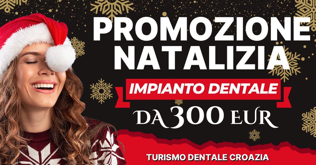Promo natalizia per impianto dentale da 300 euro, con donna sorridente e decorazioni natalizie rosse e oro.
