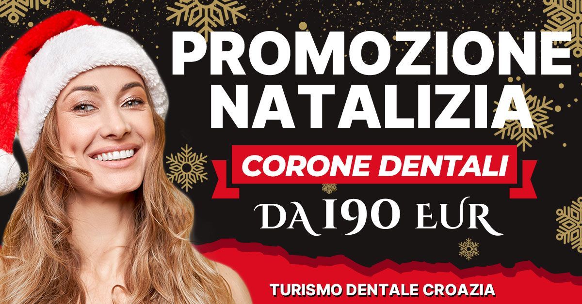 Promozione natalizia per corone dentali da 190 euro con donna sorridente in cappello di Natale