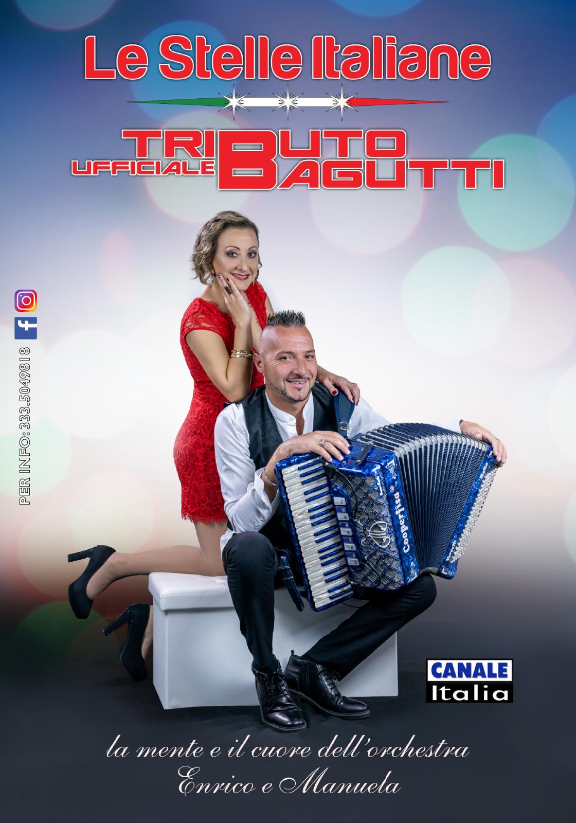Manifesto promozionale del duo musicale Enrico e Manuela, raffigurante un uomo che suona la fisarmonica alle spalle di una donna seduta.