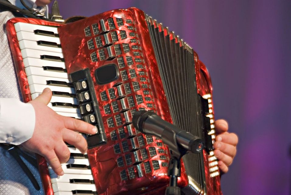 Un musicista suona una fisarmonica rossa con un microfono posizionato di fronte ad essa, su uno sfondo viola sfocato.