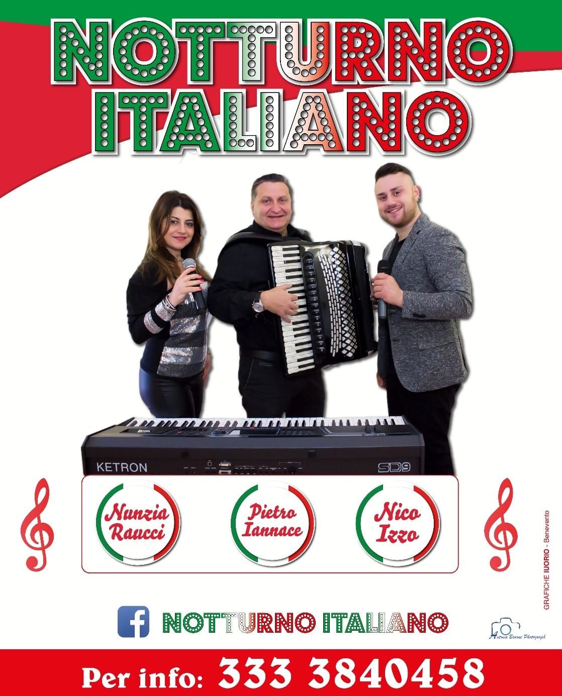 Volantino promozionale del gruppo musicale Notturno Italiano, con tre musicisti, una tastiera e i recapiti.