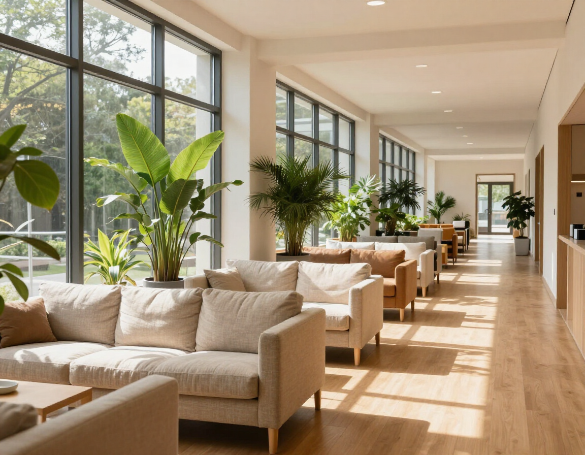Salón luminoso y moderno con sofás beige, plantas en macetas y luz natural que entra por los grandes ventanales.