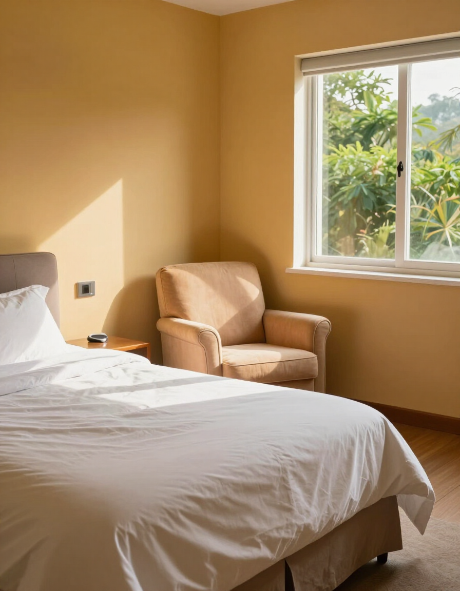 Habitación acogedora con cama blanca, sillón color canela y ventana soleada con vistas a la vegetación.