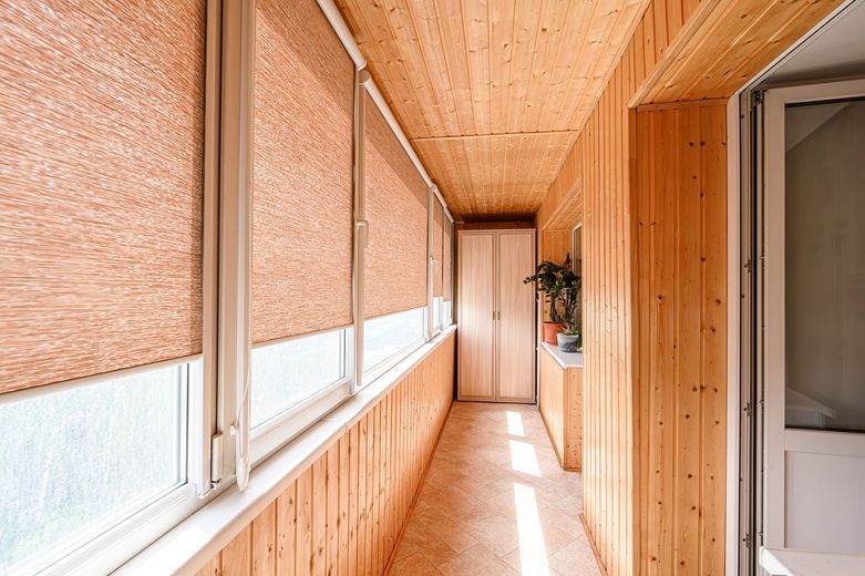 Narrow wood-paneled hallway with woven blinds, frosted windows, and a potted plant at the far end