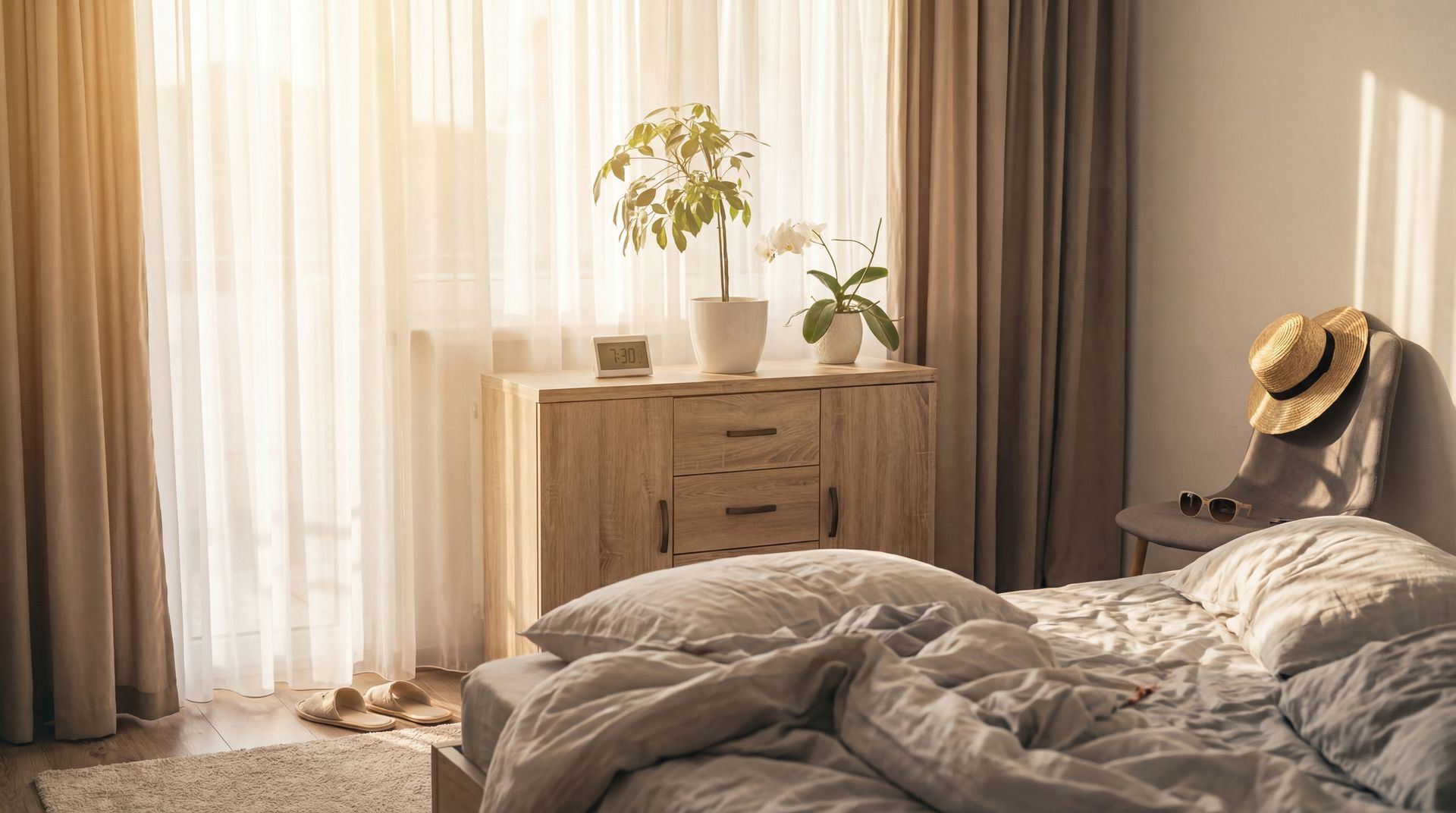 Sunlit bedroom with sheer curtains, wooden dresser, and rumpled bed with hat on chair
