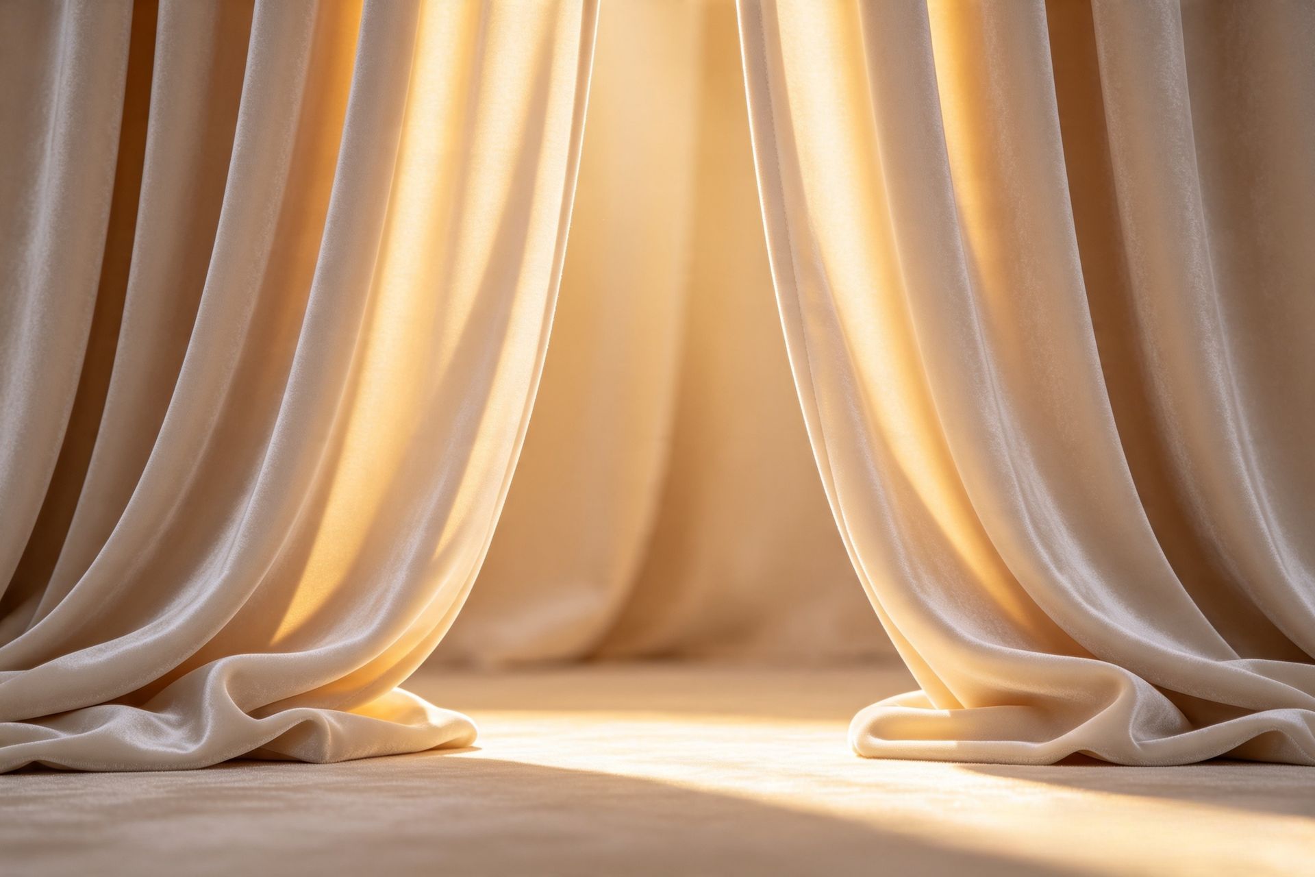 Cream-colored curtains draped open, revealing a bright sunlit floor beneath.