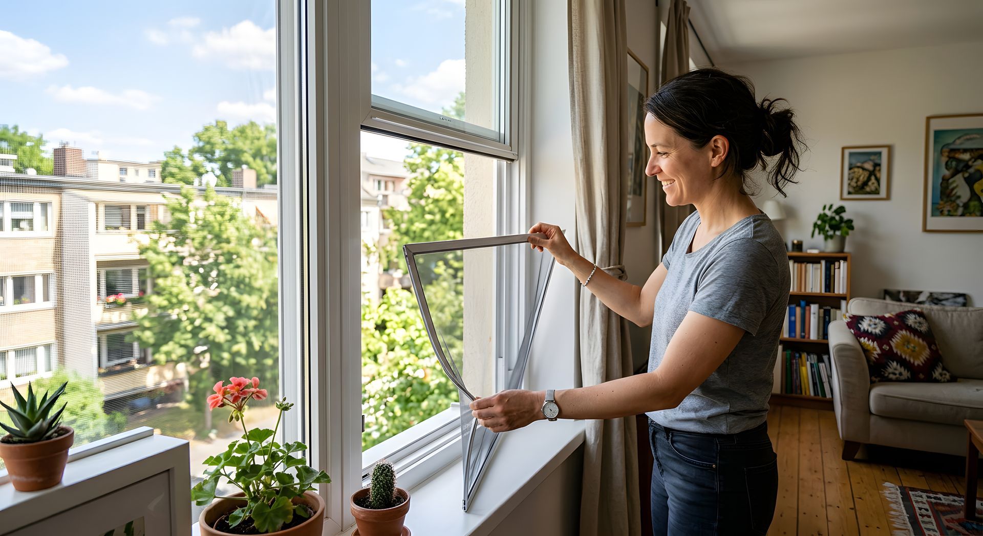 Woman adjusting white window blinds in a bright apartment with city view and potted plants