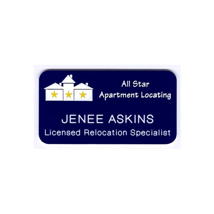 Full bleed thermal printed plastic name badge with protective dome.