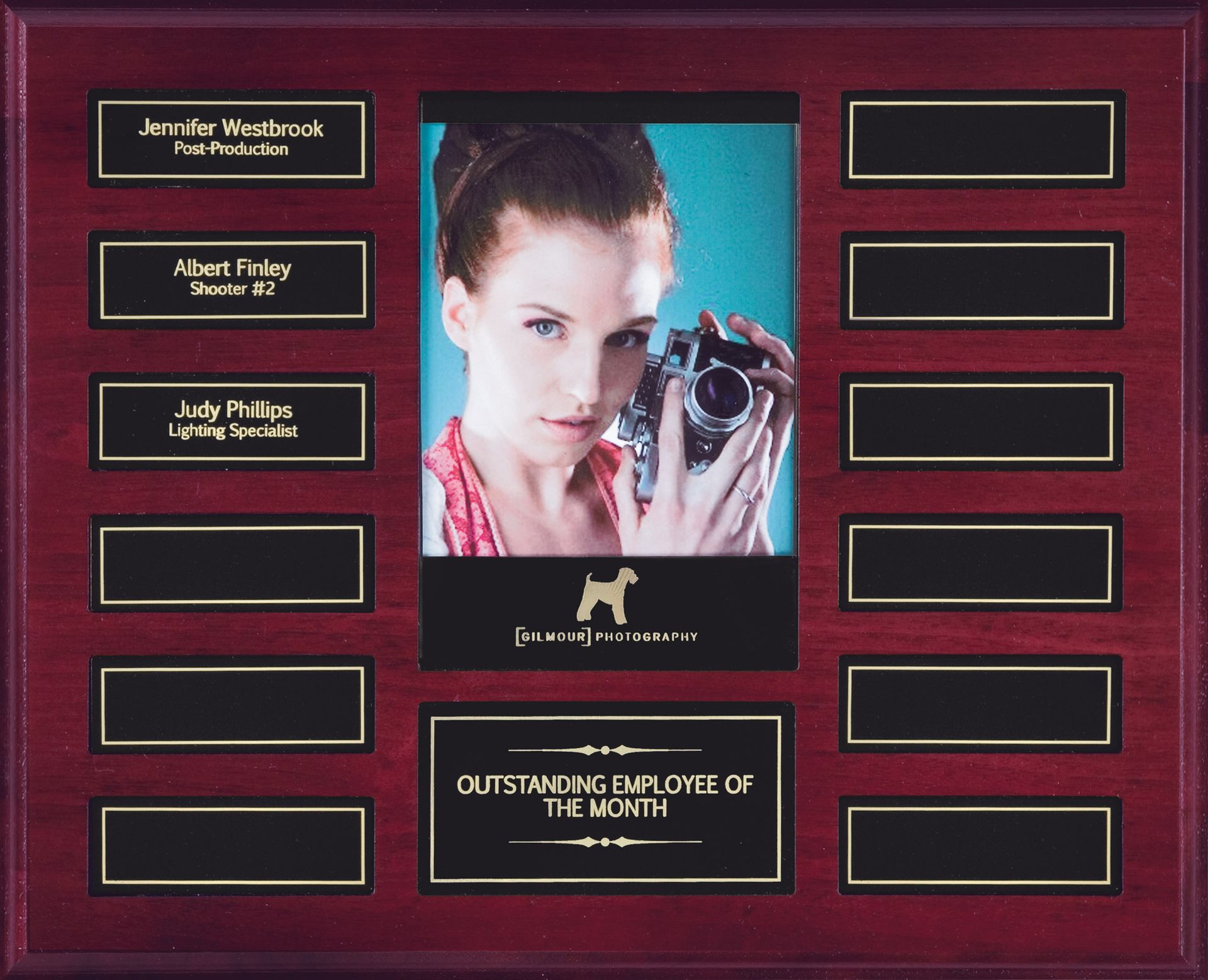 Wood rose finish perpetual recognition plaque with gold accents and center photo area.