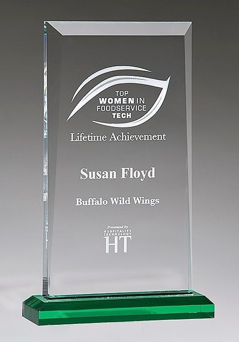 Classic acrylic recognition award with green highlights.