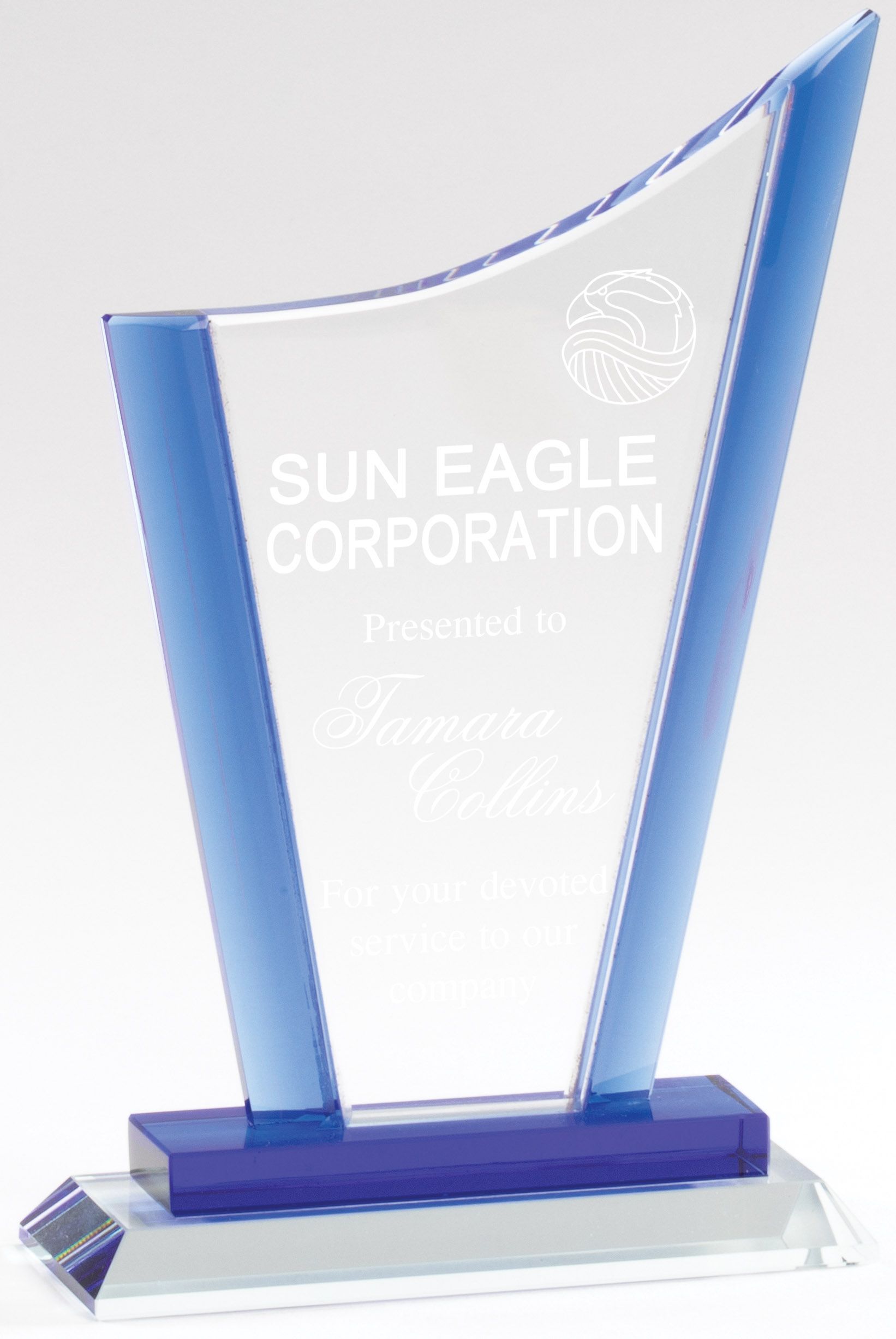 Crystal and blue recognition award.