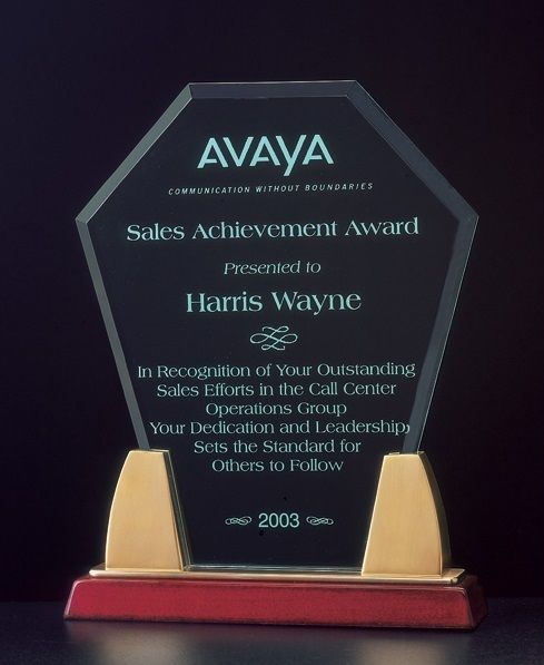Elegant beveled diamond shape acrylic recognition award with rosewood piano finish base.