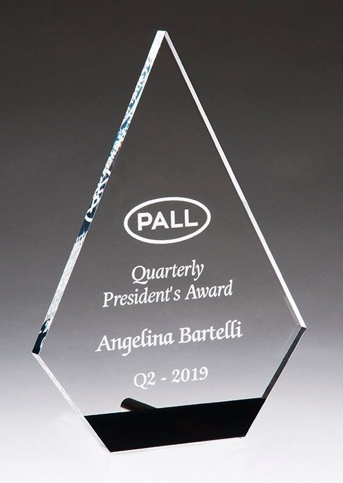 Diamond shape acrylic award with black accent.