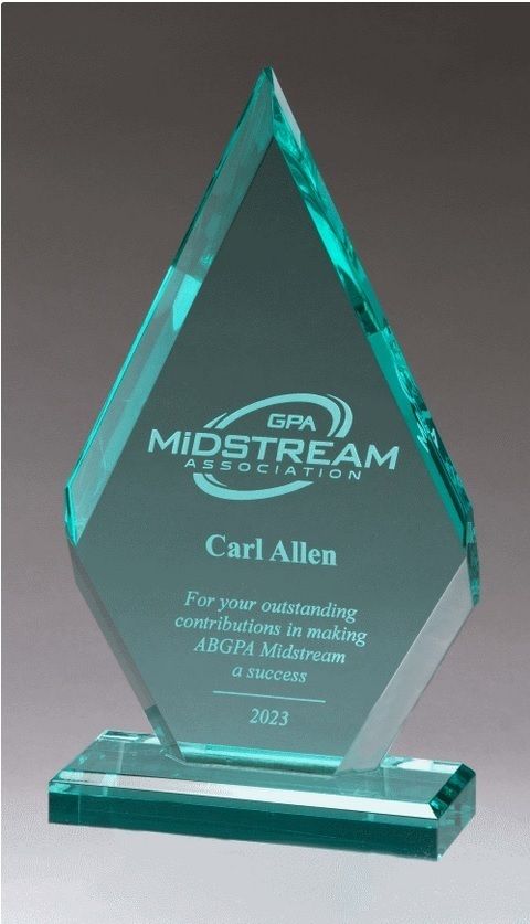 Triangle flame shape beveled jade acrylic recognition award.