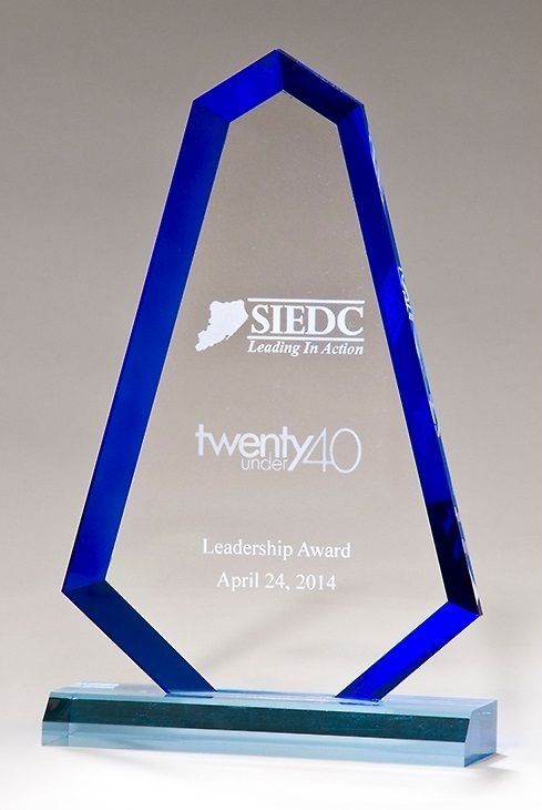 Flame shape acrylic recognition award with blue accents.