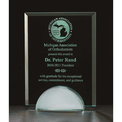 Jade glass recognition award with mirror base.