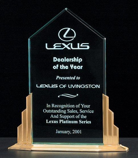 Polished upright acrylic recognition award with gold aluminum base.