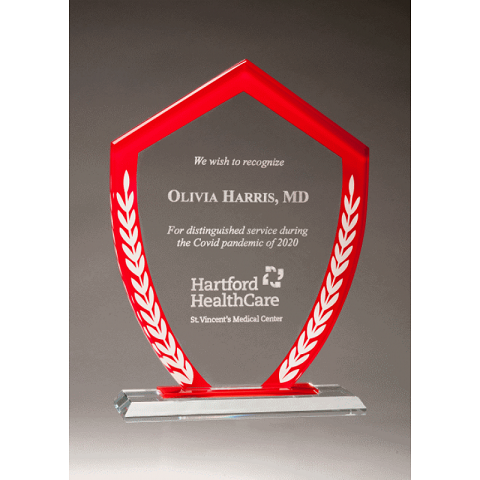 Shield shape award with red border and laurel leaves.