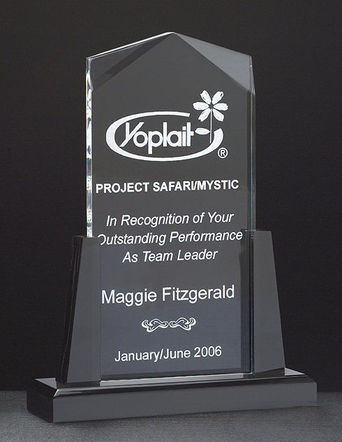 Upright beveled acrylic recognition award with black base.