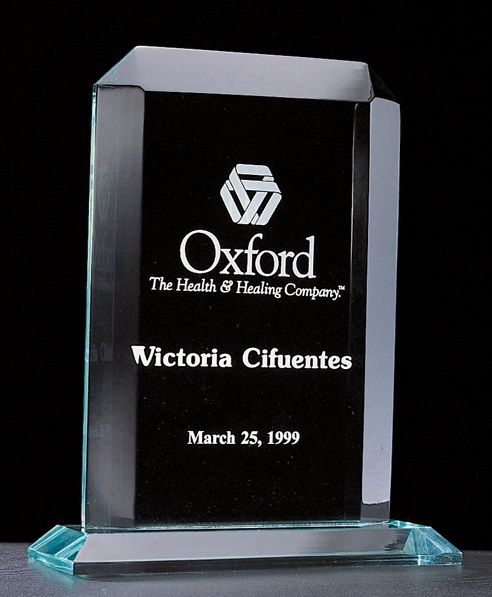 Rectangular shape beveled acrylic recognition award/paperweight.